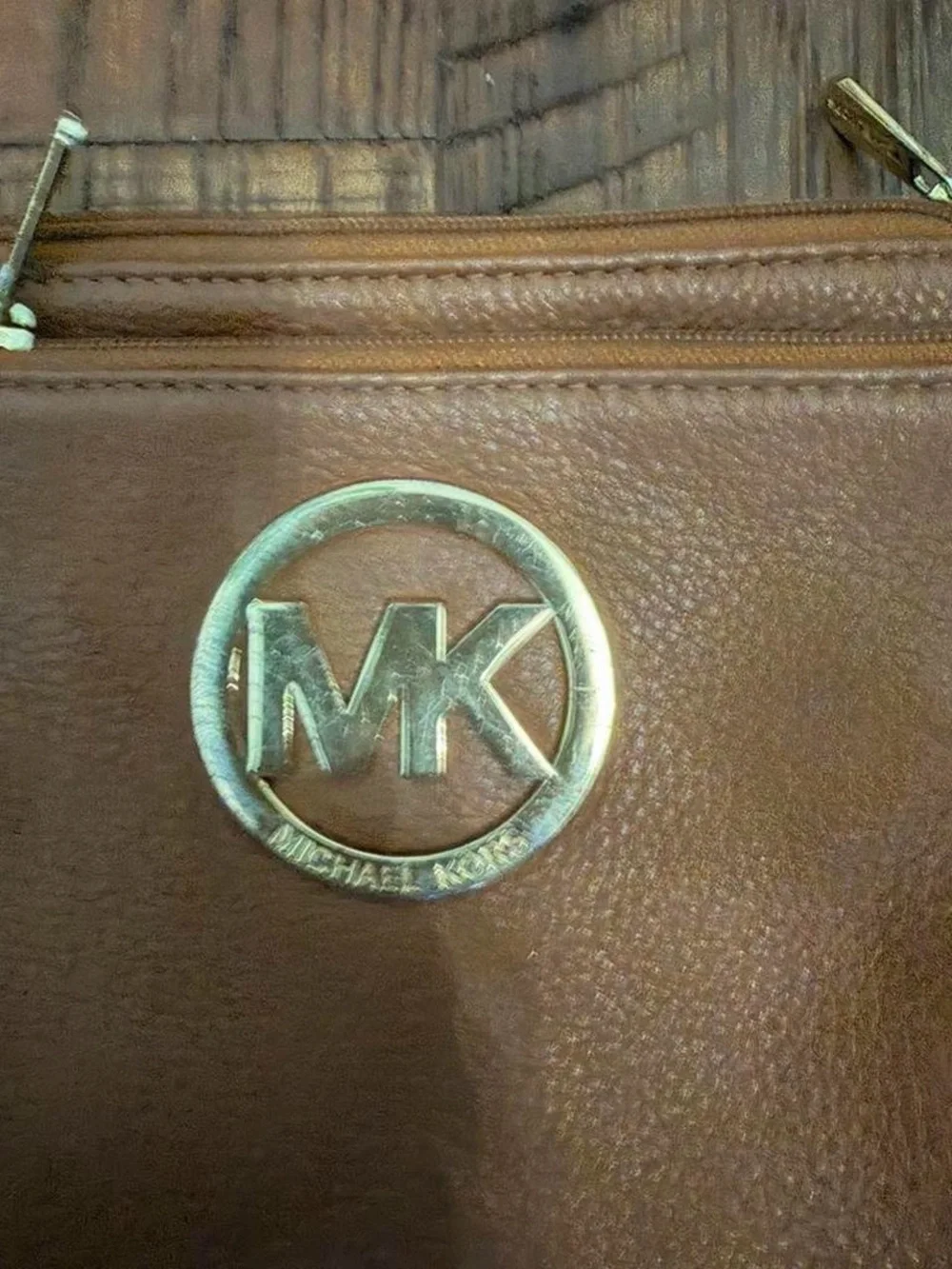 Michael Kors Cognac Leather Crossbody with Gold MK Emblem